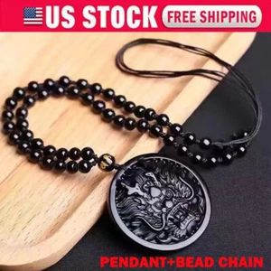 1X Natural Black Obsidian Hand Carved Dragon Head Lucky Amulet Pendant Necklace - Picture 1 of 9