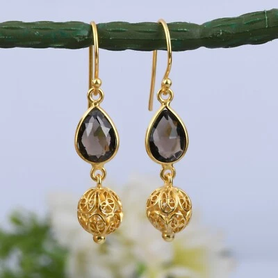 Pendientes colgantes de topacio ahumado de plata de ley 925 enchapados en oro de 18k joyas de piedras preciosas Foto 1 de 4