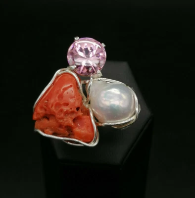 anello donna vero corallo rosso perla bianca swarovski rosa in argento bianco - Immagine 1 di 4