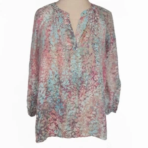 Cynthia Rowley SZ XS Asymmetric Cyan Taupe Red Splatter 3/4 Sleeve Poly Blouse - Picture 1 of 4