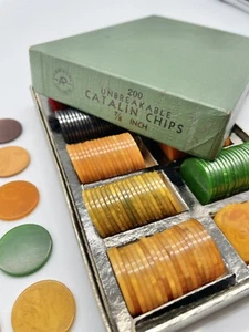 196 Catalin Bakelite Playing Card Chips 10 Colors 7/8” Original Box - Picture 1 of 6