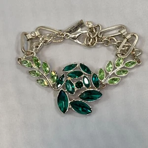 The Limited Bracelet Green Rhinestone Leaf Pattern Silver Toned Chain Bracelet - Picture 1 of 9