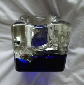 clear to cobalt blue art glass blown glass-controled bubble square candleholder - Picture 1 of 12