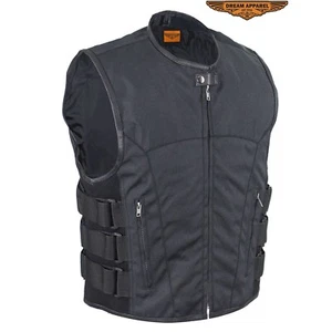  Mens Concealed Carry Black Textile Motorcycle Club Biker Vest with Zippers - Picture 1 of 7