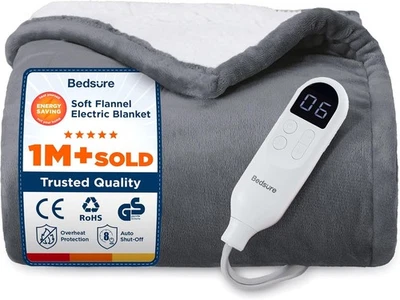 Bedsure Electric Throw Flannel Electric Blanket, Heating 10 Time, 6 Heat 130x160