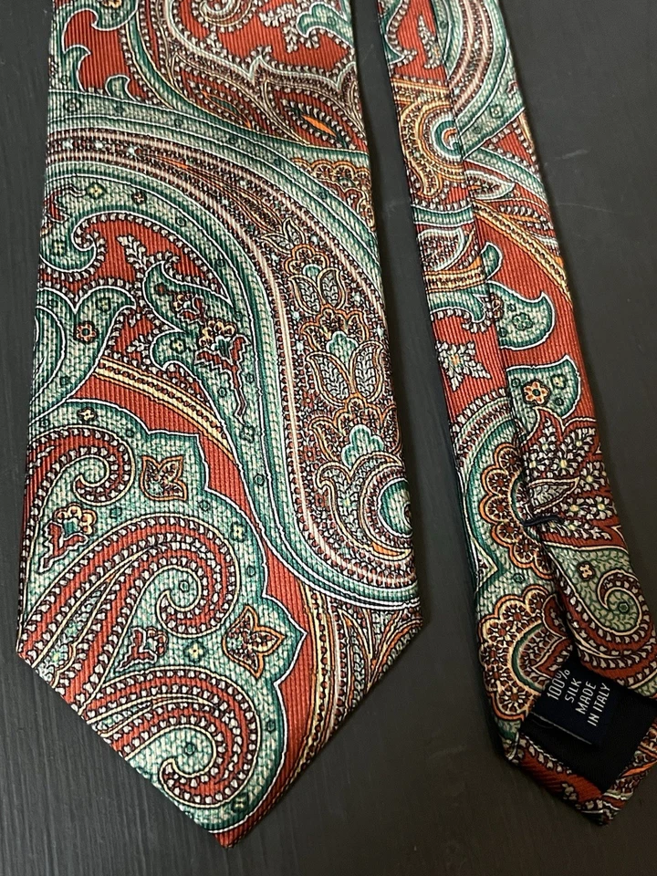 Paul Frederick 领带锦缎佩斯利多色绿色意大利制造 100% 真丝 全新 — 第 1/4 张图片