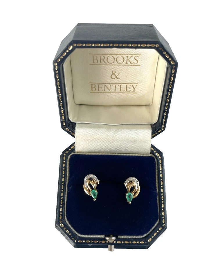 Emerald and Diamond Earrings 9ct Gold Emerald Diamond Stud Vintage Earrings - Image 1 of 4