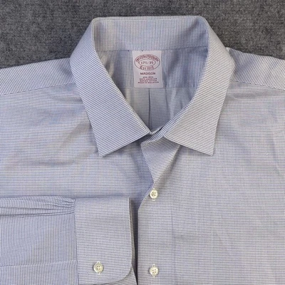 Camisa de vestir Brooks Brothers 17.5 35 Madison azul sin hierro cuello a cuadros Foto 1 de 4