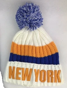 New York Striped Knitted Crown Pom Stocking Hat White, Orange and Blue - Picture 1 of 3
