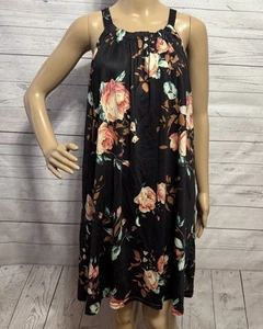 Black Peach Rose Print Dress Large Sleeveless Knee Length Casual Spring Summer - Bild 1 von 12