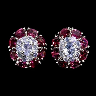 925 Sterling Silver Earrings Oval Tanzanite Rhodolite Natural Gemstone Jewelry - Image 1 of 4