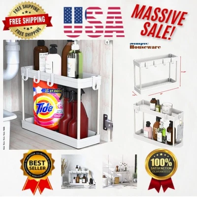 Armazenamento compacto de 2 camadas sob pia com ganchos – elegante organizador branco - Imagem 1 de 4