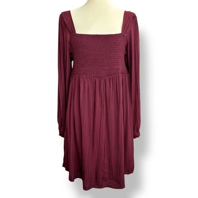 Motherhood Maternity Smocked Dress L 🤰🍒 Burgundy Long Sleeve Square Neck Flowy - Image 1 of 4