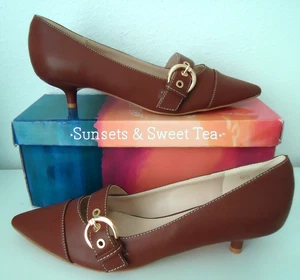 Comfortable kitten heel brown leather shoes outlet size-9.5/39.5 - Picture 1 of 11