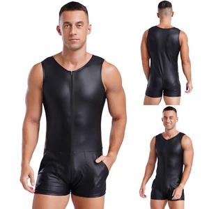 Mens One-Piece Faux Leather Bodysuit Catsuit Sleeveless Bodycon Jumpsuits - Picture 1 of 21
