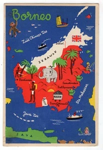 BORNEO COLOR POSTCARD WITH ANIMATED DRAWINGS ON COUNTRY MAP POSTALLY USED 1948 - Picture 1 of 2