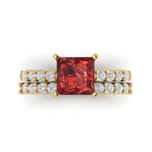 2.66ct Princess Cut Real Red Garnet Wedding Statement Ring set 14k Yellow Gold - Picture 1 of 11