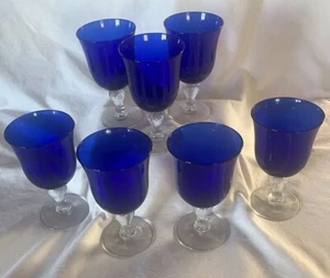 Cobalt Blue Libbey Martello 7” Wine Water Goblet Dimpled Clear Stems Set Of 7 - Picture 1 of 9