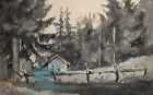 Antique watercolor painting forest landscape hut