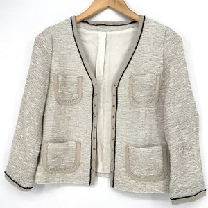 Tweed Blazer Jacket Collarless Cropped Womens Size Small Beige Black Rope Japan - Picture 1 of 11