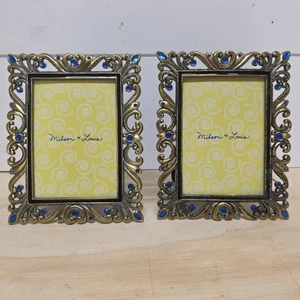 Metal Picture Frame 3.5 X 5 Photo Jeweled Rhinestone Brass Blue Milson & Louis - Picture 1 of 12