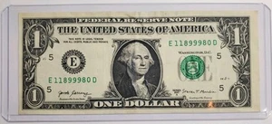 Lucky 999 Miscut Misaligned $1 One Dollar Bill Fancy Serial Number Series 2017A - Bild 1 von 2
