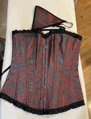 New Corset Velvet Kitten Sm Red & Black Paisley Lace-Up Hooks at Front & Thong - Image 1 of 4