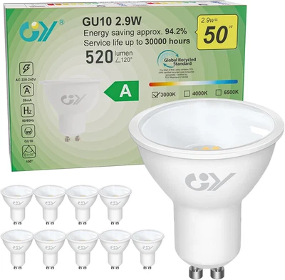 LED GU10, 2.9W Equivalente a Lampadina Alogena 50W, 3000K Bianco Caldo, 520Lumen - Immagine 1 di 4