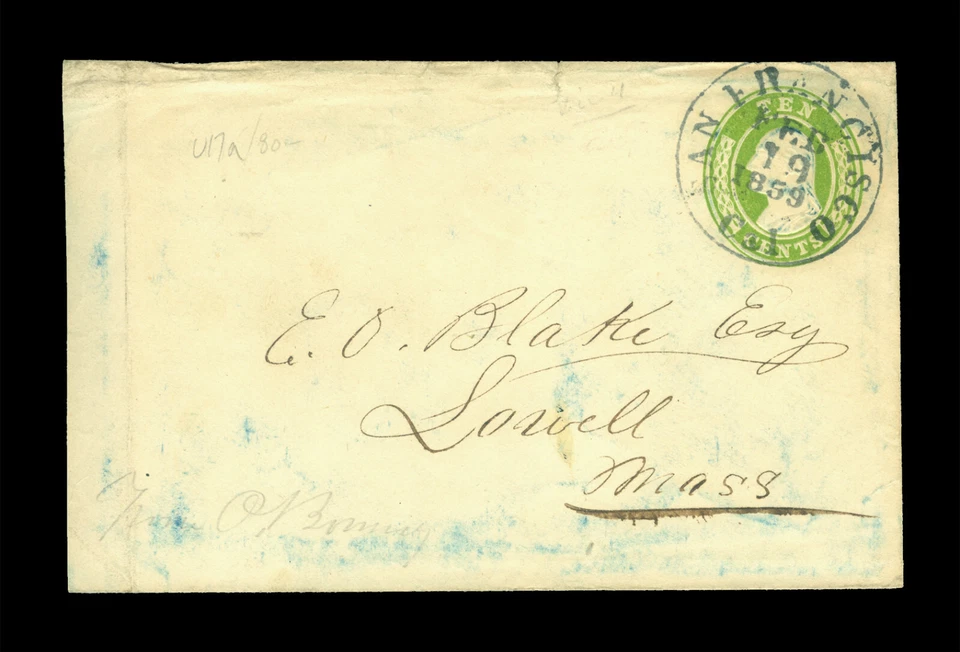 US 1859 ENTIRE 10c yellow green  Sc# U17a  "San Francisco Cal 19 Feb"  to Mass. - Image 1 of 2
