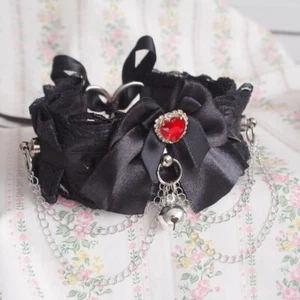 Red Heart Rhinestone Bow Black Lace choker necklace kitten pet play collar Goth - Picture 1 of 4