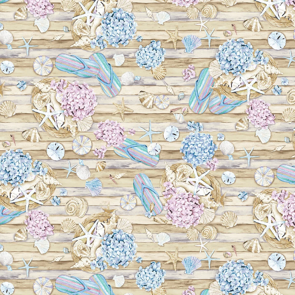 Tela de playa náutica conchas de mar tablones de estrellas de mar algodón Henry Glass por yarda Foto 1 de 1