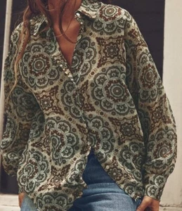 Zara Top S Paisley Collar Blouse Business Women Long Button Down Sheer Mandala - Picture 1 of 14