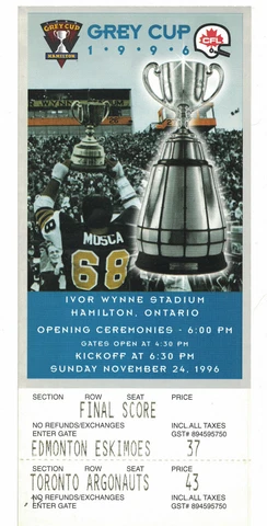 CFL Football 1996 Grey Cup Pkg Final Score Ticket, Program, Pennant, Argos Cards Cover