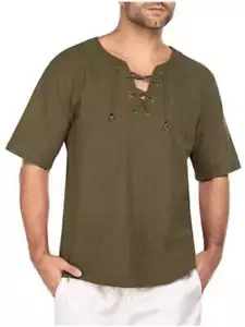 Stylish Men's Casual Tie Collar Short Sleeve T-Shirt - Comfortable Cotton-Linen - Picture 1 of 46