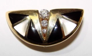 14K YELLOW GOLD DIAMONDS KABANA FAN ART DECO PENDANT MOTHER PEARL ONYX ENHANCER - Picture 1 of 7