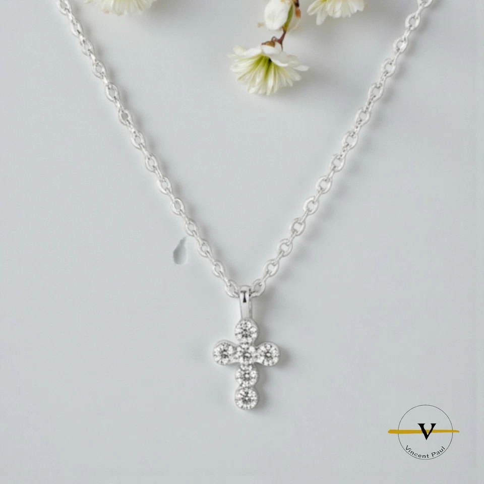 COLLANA  DONNA CON CROCE IN ARGENTO 925 RODIATO ZIRCONI BIANCHI RAGAZZA REGALO - Immagine 1 di 4