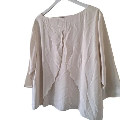 Talbots Ivory / Cream Crewneck 3/4 Sleeve Scallop Hem Blouse Top - Image 1 of 4