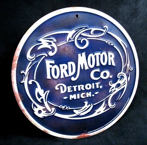 FORD MOTOR CO Detroit *HECHO EN EE. UU.* - Letrero redondo en relieve - Hombre cueva garaje decoración de bar - Imagen 1 de 10