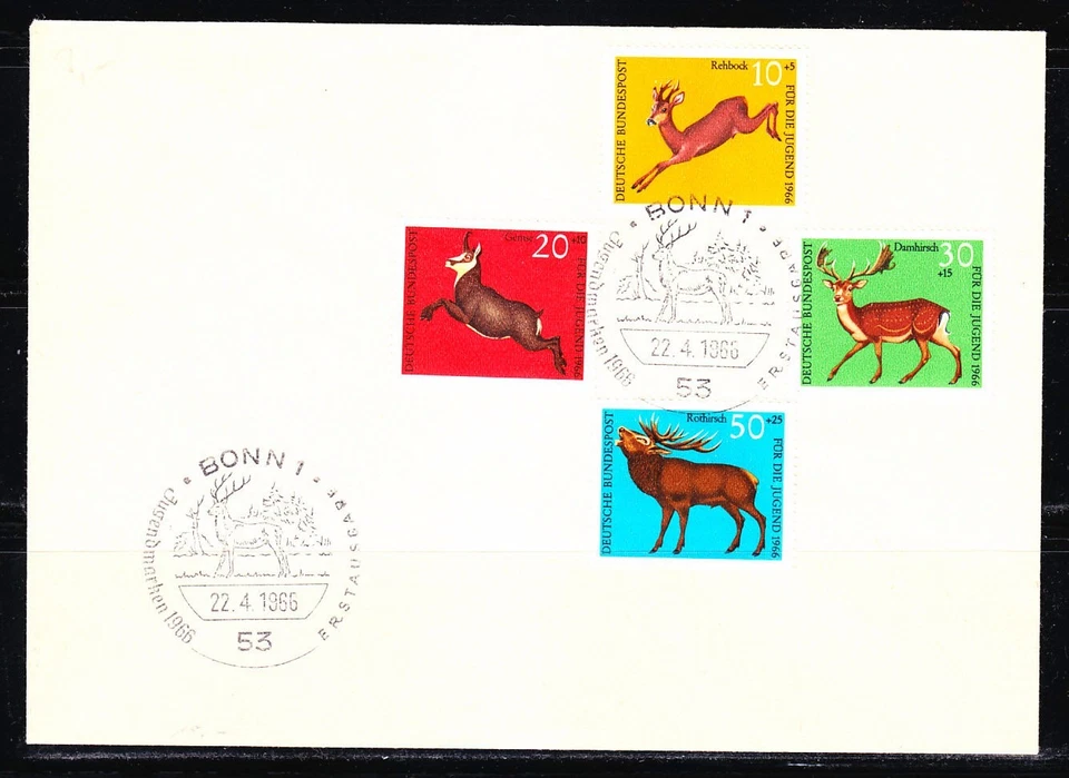 Germany 1966 FDC cover Mi 511-514 Sc B412-415 Deers.Full set of stamps on cover - Image 1 of 1
