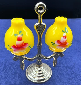 Vintage Plastic Yellow Hurricane Lamp Salt and Pepper Shaker Set on metal stand - Picture 1 of 8