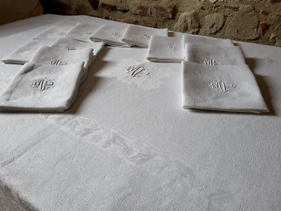 N09 ANCIEN SERVICE DE TABLE LIN DAMASSE  brodé MP nappe 150x217cm 12 serviettes - Photo 1/4