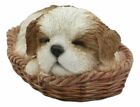 Realistic Life Like Shih Tzu Sleeping In Wicker Basket Statue Puppy Dog Figurine