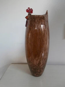 ROOSTER ART GLASS VASE AMBER GLITTER GLASS TALL VASE CHICKEN DESIGN HAND BLOWN - Picture 1 of 19