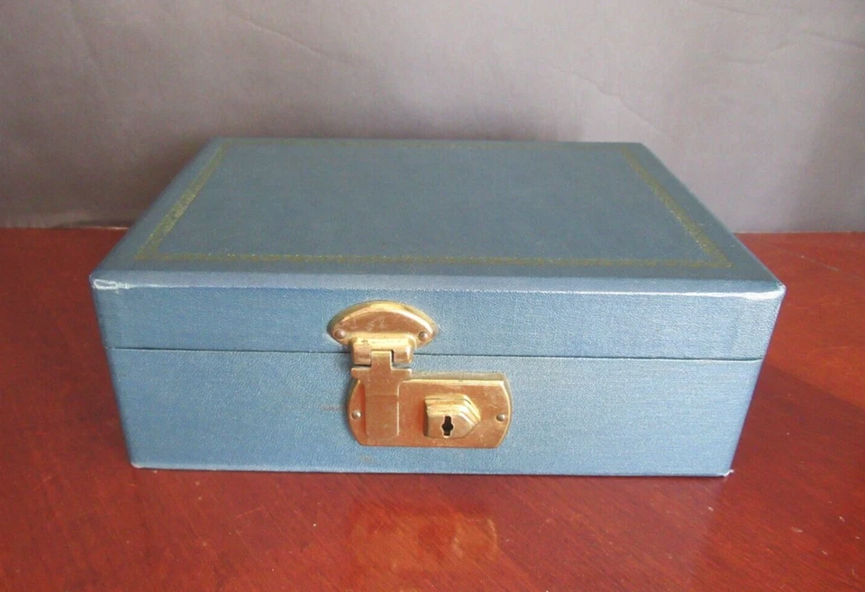 Joyero de madera genuina vintage, con dos niveles, compartimentos, azul Foto 1 de 4