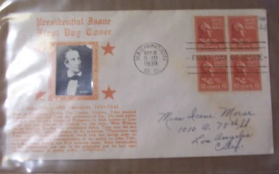 PRESIDENTIAL ISSUE FIRST DAY COVER FDC 1938 4 10 CENT STAMPS JOHN TYLER - Image 1 of 2