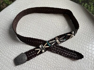 Western Beaded Leather Belt Women XL Woven Shell Turquoise Silvertone Buckle SEE - Picture 1 of 13