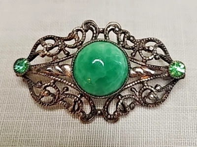 Broche prendedor piedra verde vintage pedrería vidrio mármol plata filagree 929 regalo Foto 1 de 4