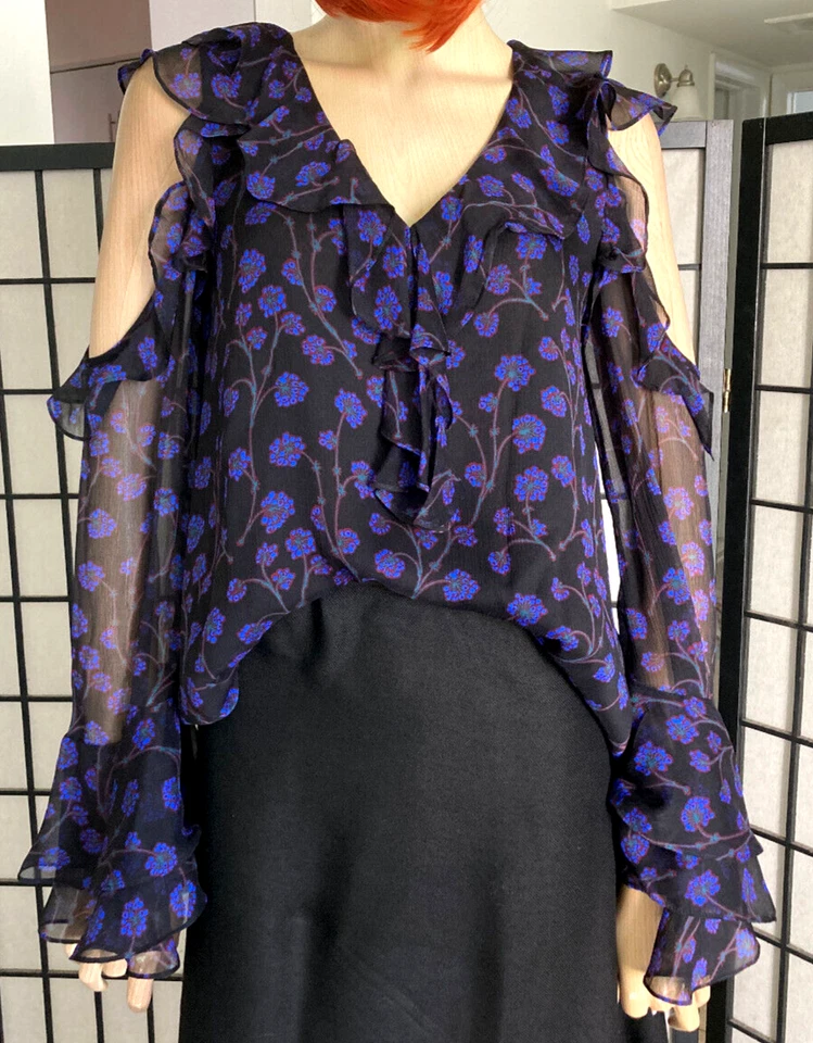 Diane Von Furstenberg 100% 真丝荷叶边上衣衬衫 A 字长喇叭袖 4 码 — 第 1/4 张图片