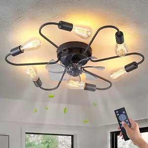 Black Industrial Ceiling Fans with Lights Remote Control, Modern Sputnik Ceiling - Picture 1 of 8
