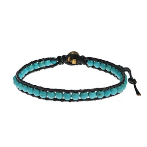 Blue Turquoise Round Charm Single Strand Leather Bracelet - Picture 1 of 5